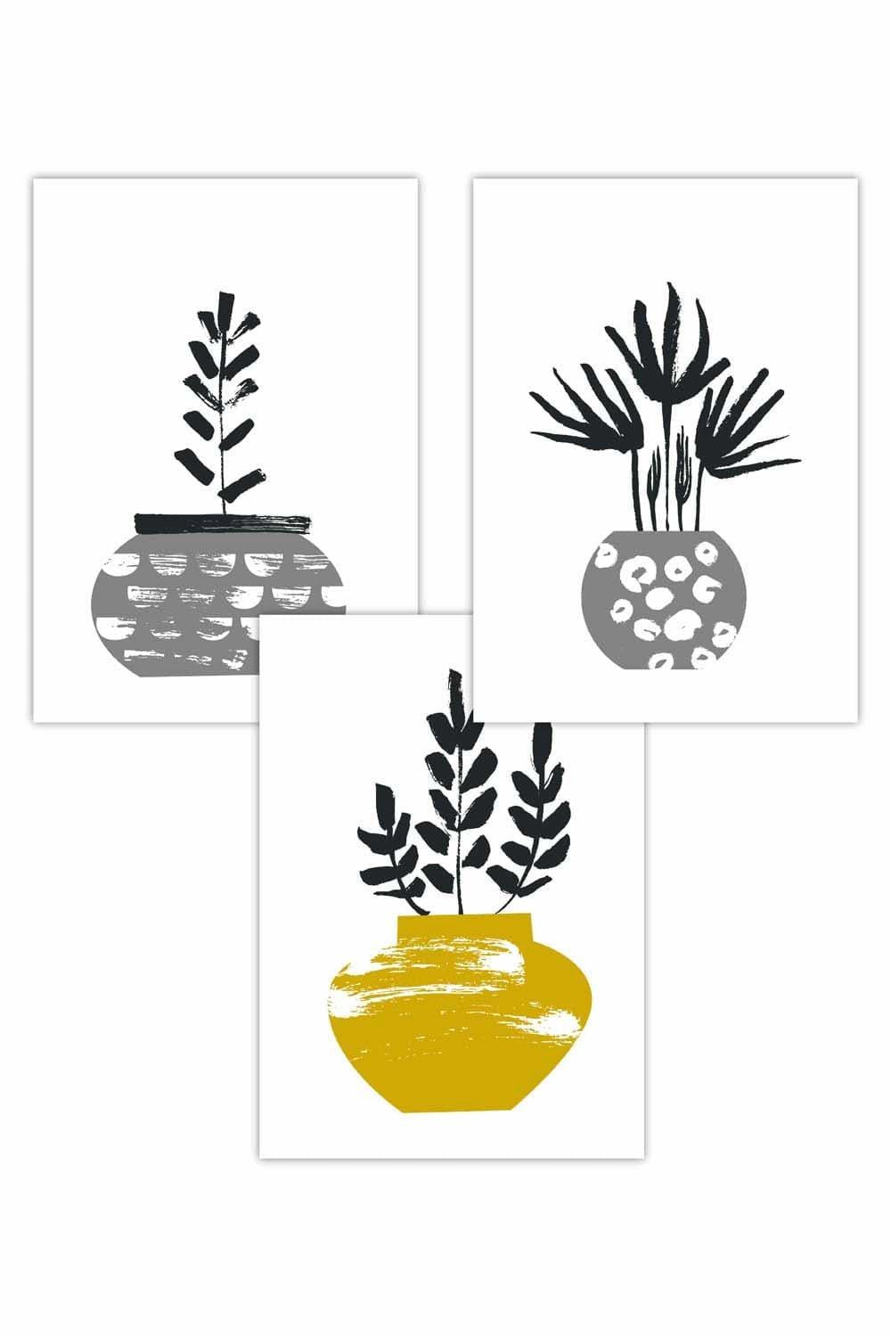 Set of 3 Scandi Yellow Grey Cactus Pots Art Posters
